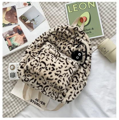 eybag Soft Faux Fur women backpack big capacity Winter Leopard print School Bag for Girls Travel female Backpacks Daypack Felt bagpack