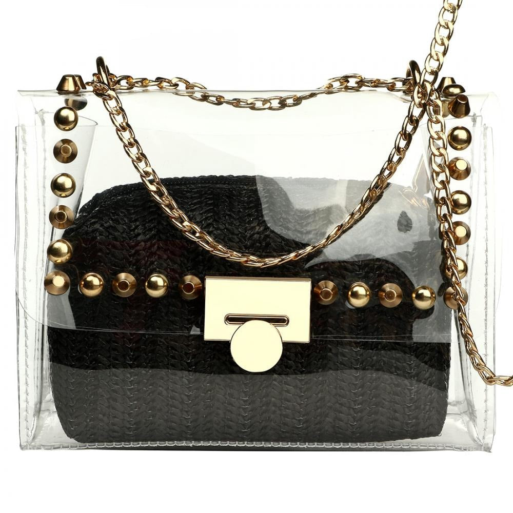 eybag Bag With Straw Purse Wallets Soft Surface Daybag Crossbody Bag With Chain Transparent Handbags With Rivet Clutch