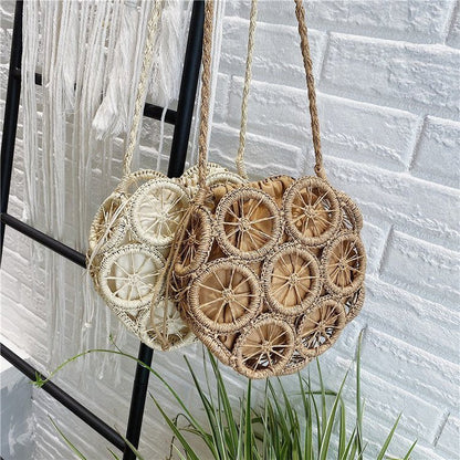 Lkblock Fashion Rattan Hollow Round Straw Bags Wicker Woven Women Handbags Summer Beach Shoulder Crossbody Bags Casual Lady Bali Purses