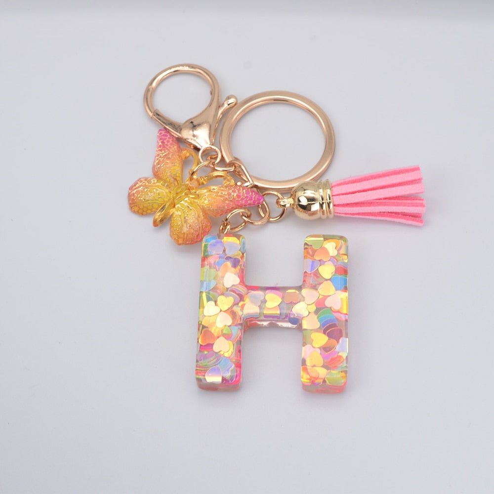 eybag New Exquisite 26 Letter Resin Keychain with Pink Tassel Gradient Butterfly Pendant Key Ring Women Bag Ornaments Accessories Gift