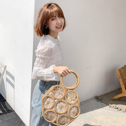 Lkblock Fashion Rattan Hollow Round Straw Bags Wicker Woven Women Handbags Summer Beach Shoulder Crossbody Bags Casual Lady Bali Purses