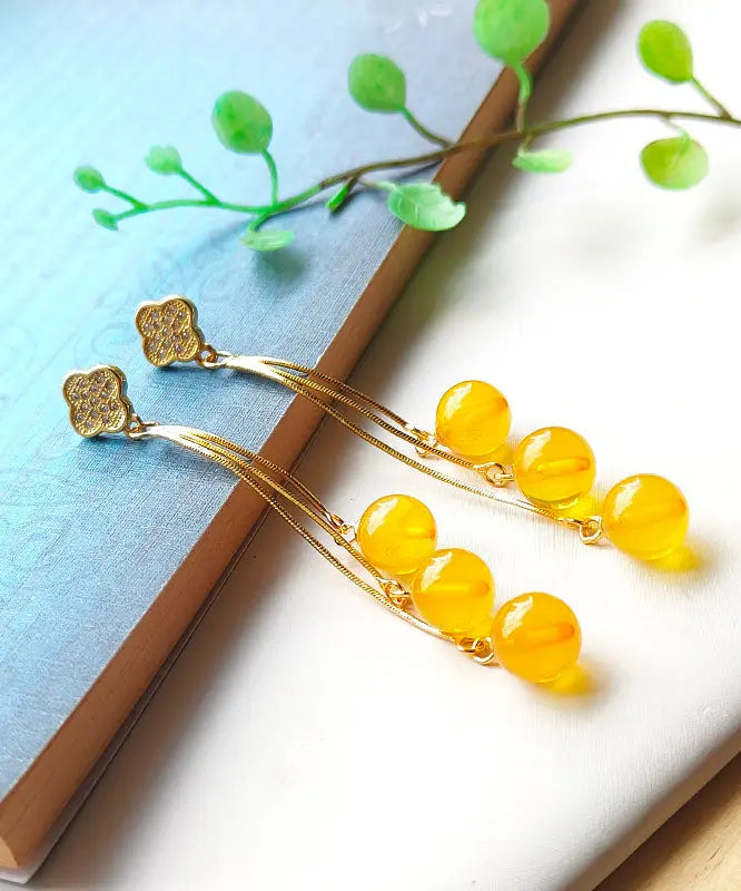 - Sterling Silver Overgild Inlaid Amber Beeswax Drop Earrings