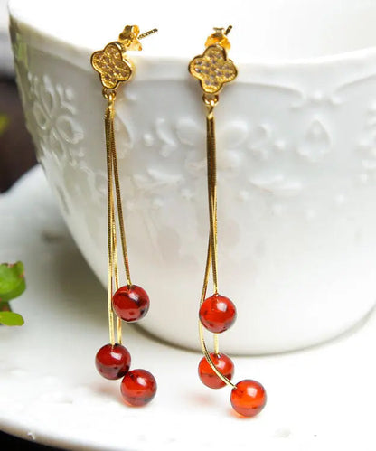 - Sterling Silver Overgild Inlaid Amber Beeswax Drop Earrings