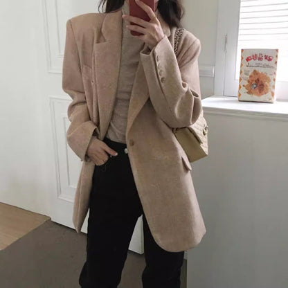 eybag barn jacket outfits Retro Boyfriend Style Woolen Herringbone Pattern Loose Large Suit Jacket Women's Clothing 2 Colors