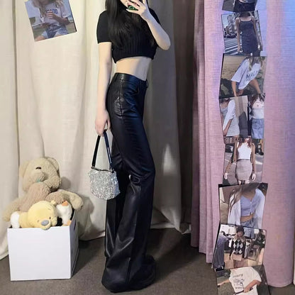 eybag going out outfits Black Micro Flared Leather Pants for Women plus Size Chubby Girl Autumn High Waist PU Leather American Hot Girl Tall Straight Mop Pants