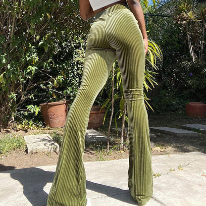 eybag barn jacket outfits Women's Casual Pants Velvet Striped Flared Pants Sexy Pit Elastic Trousers New Su2498