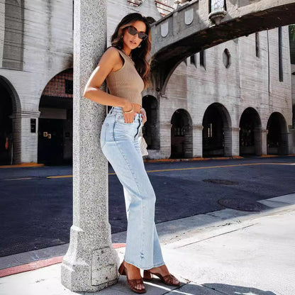 eybag business casual outfits Women's Jeans Fashionable Simple Slim Straight Light Blue Trousers