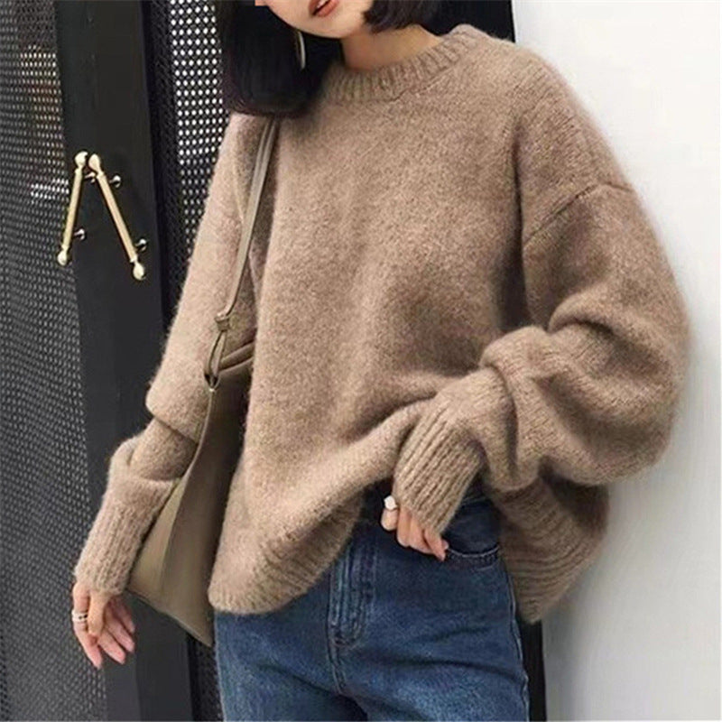 eybag datenight fall outfits Korean Style Large Lazy Style round Neck Pullover Women's Autumn and Winter Solid Color Loose Bottoming Sweater Women