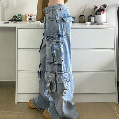 eybag barn jacket outfits American Street Workwear Wide-Leg Jeans Men's and Women's Multi-Pocket High Waist Loose Drop-down Mop Pants