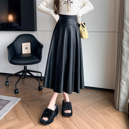 eybag business casual outfits for women A- line Umbrella Skirt Women's Skirt 2024 Autumn and Winter Large Swing Leather Skirt High Waist Mid-Length Skirt Covering PU Leather Long Skirt