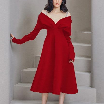 eybag k drama dress to impress Niche High-End Black V-neck Sling Long Sleeve Waist-Tight Large Swing Dress Elegant Light Luxury Host Evening Dress