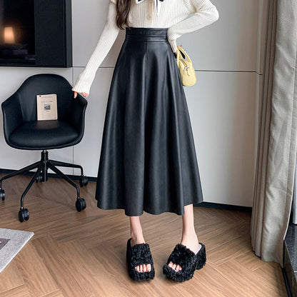 eybag business casual outfits for women A- line Umbrella Skirt Women's Skirt 2024 Autumn and Winter Large Swing Leather Skirt High Waist Mid-Length Skirt Covering PU Leather Long Skirt