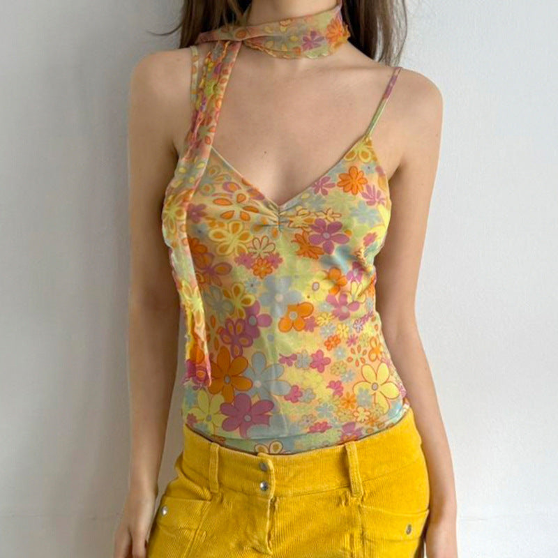 eybag calico hair Holiday Style Sexy Hot Girl Floral Tie Basic Sling V-neck Pleated Chest Slimming Vest