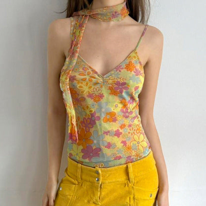 eybag calico hair Holiday Style Sexy Hot Girl Floral Tie Basic Sling V-neck Pleated Chest Slimming Vest