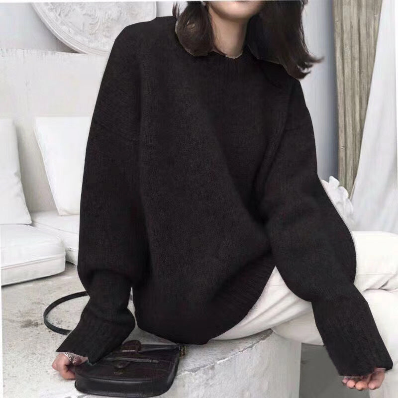 eybag datenight fall outfits Korean Style Large Lazy Style round Neck Pullover Women's Autumn and Winter Solid Color Loose Bottoming Sweater Women