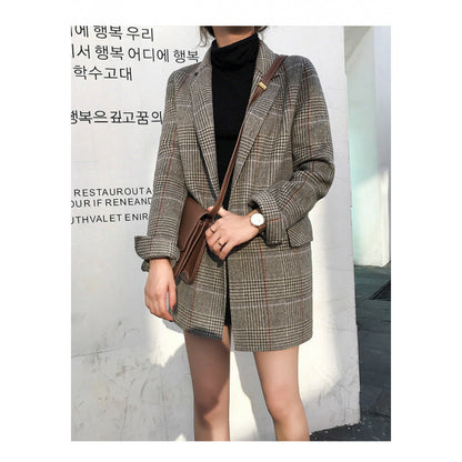 eybag business casual outfits for women Plaid Suit Jacket for Women 2024 Autumn and Winter New Slim-Fit Mid-Length Retro Plaid Woolen Small Suit