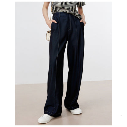 eybag barn jacket outfits Retro Hong Kong Style Dark Blue Imitation Jeans Slim Straight Draping Casual Pants Suit Pants Women's Dark Wide Leg Pants