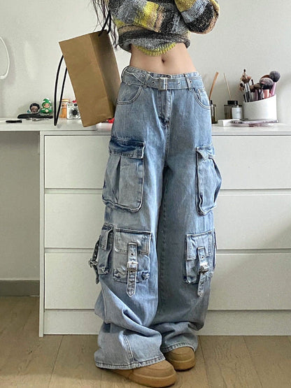 eybag barn jacket outfits American Street Workwear Wide-Leg Jeans Men's and Women's Multi-Pocket High Waist Loose Drop-down Mop Pants