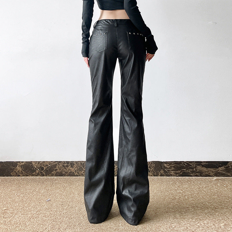 eybag barn jacket outfits Dark Sweet and Spicy Rivet Decorative Leather Casual Pants Sexy Low Waist Flared Pants 2024 American Street Shooting New Leather Pants