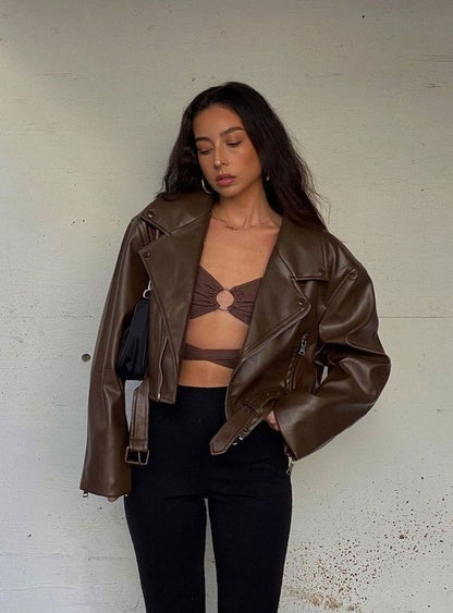 eybag barn jacket outfits American Street Hot Girl Brown Motorcycle Jacket Women's Spring and Autumn Loose Short PU Leather Jacket Women