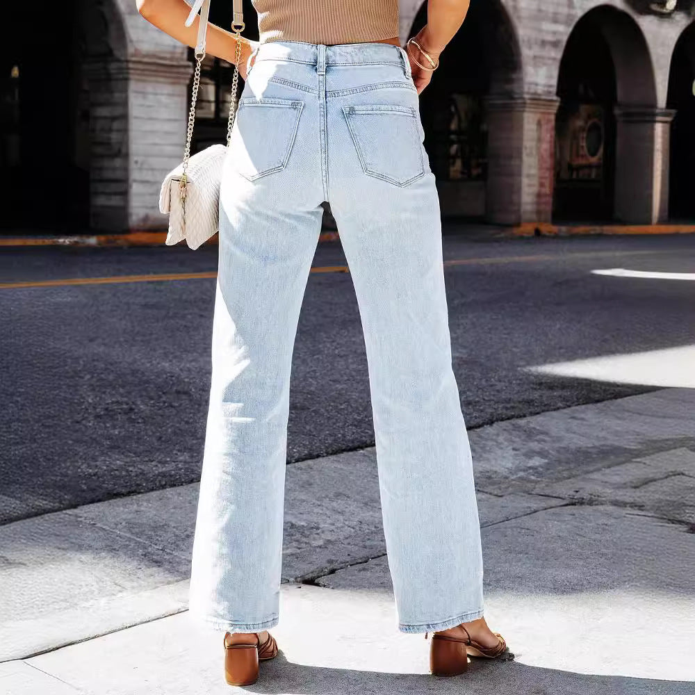 eybag business casual outfits Women's Jeans Fashionable Simple Slim Straight Light Blue Trousers