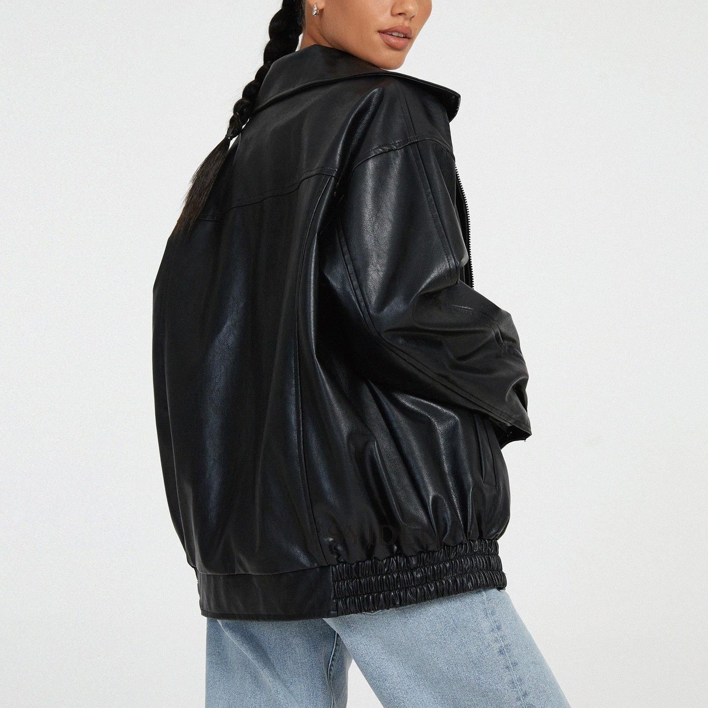 eybag barn jacket outfits Leather Jacket Motorcycle Style Top Profile Lapel Elastic Hem Zipper PU Leather Coat Drop Coat