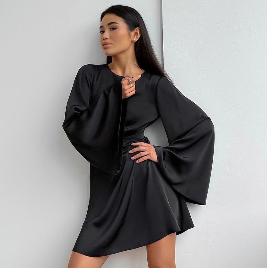 eybag birthday outfit 2024 Fashion Satin Dress Sexy Bell Sleeve Spring and Summer New High Waist Commuter A- line Skirt for Women