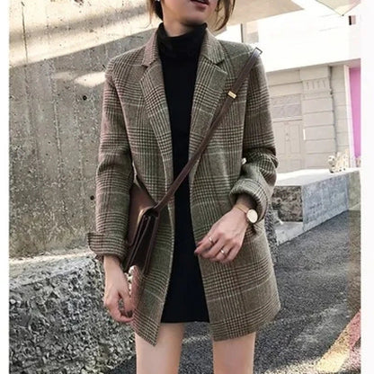 eybag business casual outfits for women Plaid Suit Jacket for Women 2024 Autumn and Winter New Slim-Fit Mid-Length Retro Plaid Woolen Small Suit