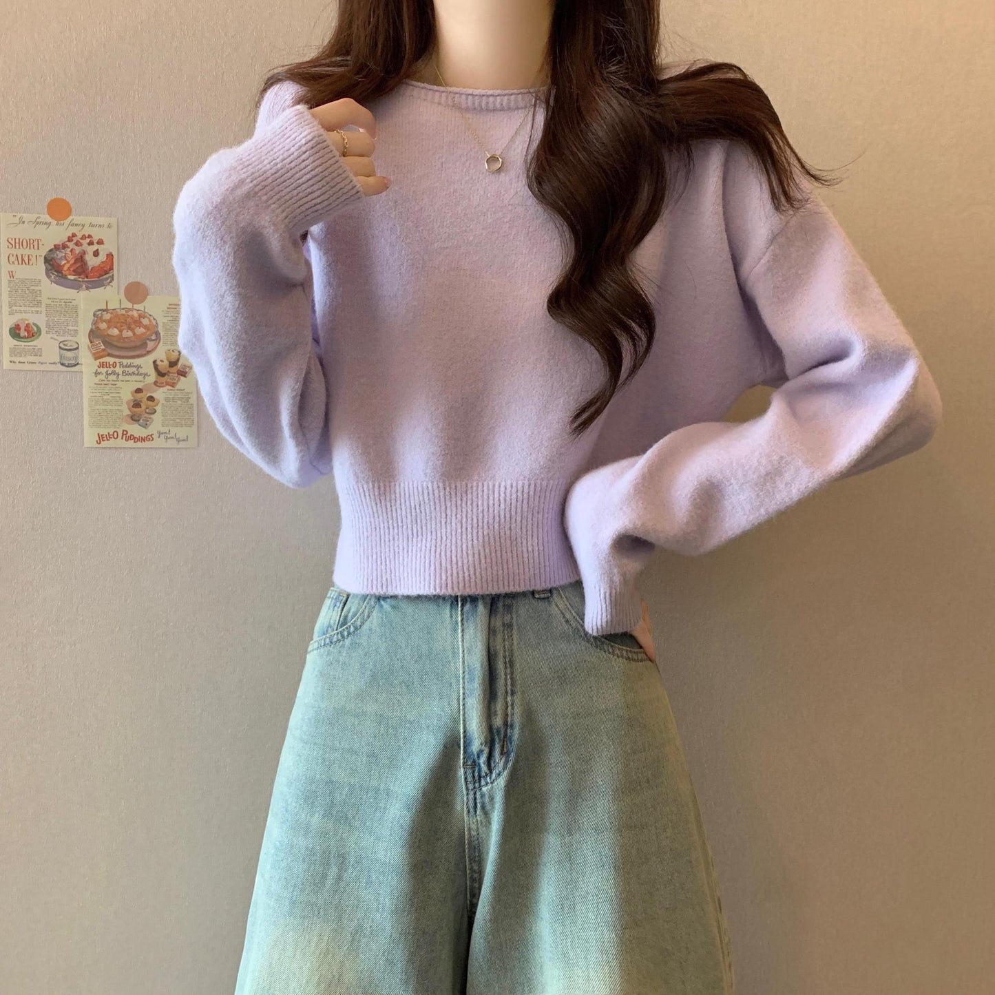 eybag going out outfits 2024 Spring and Autumn Inner Sweater Small Short Top Trendy Korean Style Light Purple College Style Knitted Bottoming Shirt for Women