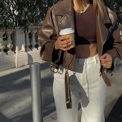 eybag barn jacket outfits American Street Hot Girl Brown Motorcycle Jacket Women's Spring and Autumn Loose Short PU Leather Jacket Women