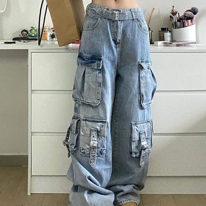 eybag barn jacket outfits American Street Workwear Wide-Leg Jeans Men's and Women's Multi-Pocket High Waist Loose Drop-down Mop Pants