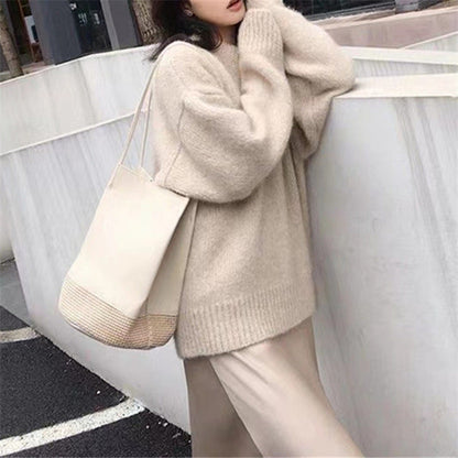 eybag datenight fall outfits Korean Style Large Lazy Style round Neck Pullover Women's Autumn and Winter Solid Color Loose Bottoming Sweater Women