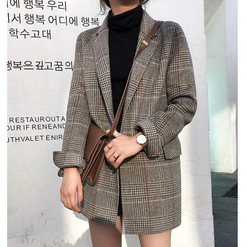 eybag business casual outfits for women Plaid Suit Jacket for Women 2024 Autumn and Winter New Slim-Fit Mid-Length Retro Plaid Woolen Small Suit