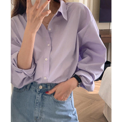 eybag business casual outfits Purple French Style Shirt Women's Spring and Autumn 2024 New Casual Korean Style Shirt Niche Slim-Fit Long-Sleeved Top