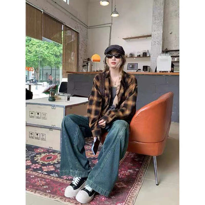 eybag barn jacket outfits Retro Plaid Coat Loose All-Match Shirt Net Red Style Men and Women Couple Hong Kong Style Long Sleeve Shirt Year