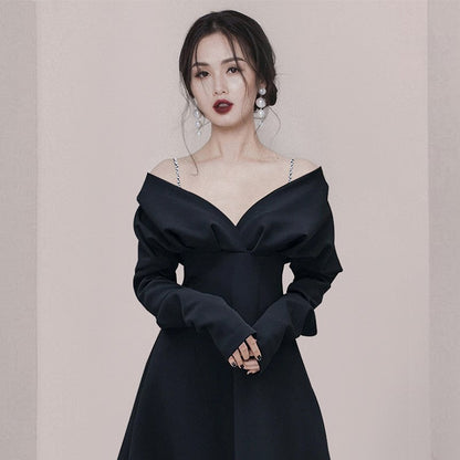 eybag k drama dress to impress Niche High-End Black V-neck Sling Long Sleeve Waist-Tight Large Swing Dress Elegant Light Luxury Host Evening Dress