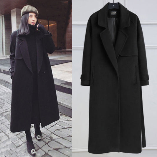 eybag going out outfits Black Woolen Coat Women's Mid-Length Korean Style Coat New Autumn and Winter over-the-Knee Hepburn Style Woolen Fashion