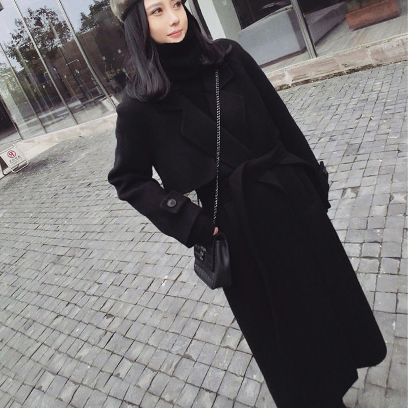 eybag going out outfits Black Woolen Coat Women's Mid-Length Korean Style Coat New Autumn and Winter over-the-Knee Hepburn Style Woolen Fashion