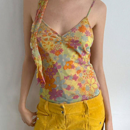 eybag calico hair Holiday Style Sexy Hot Girl Floral Tie Basic Sling V-neck Pleated Chest Slimming Vest