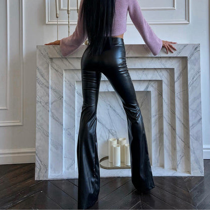 eybag going out outfits Women's 2024 Winter New High Waist Light PU Leather Pants Trousers Black Glossy Flared Trousers Women's Pants