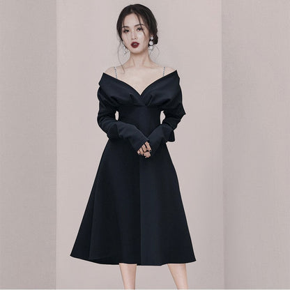 eybag k drama dress to impress Niche High-End Black V-neck Sling Long Sleeve Waist-Tight Large Swing Dress Elegant Light Luxury Host Evening Dress