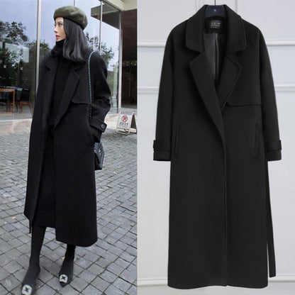 eybag going out outfits Black Woolen Coat Women's Mid-Length Korean Style Coat New Autumn and Winter over-the-Knee Hepburn Style Woolen Fashion