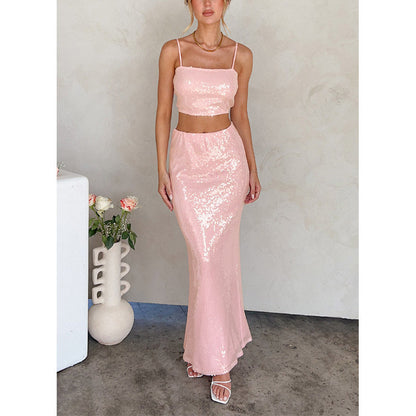 eybag going out outfits Sexy Sling Backless Slim Sequined Long Dress Two-Piece Women's Tube Top Skirt Suit