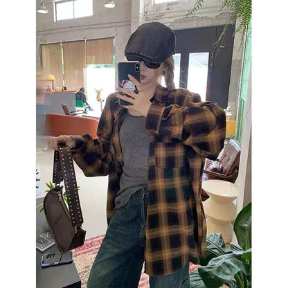 eybag barn jacket outfits Retro Plaid Coat Loose All-Match Shirt Net Red Style Men and Women Couple Hong Kong Style Long Sleeve Shirt Year