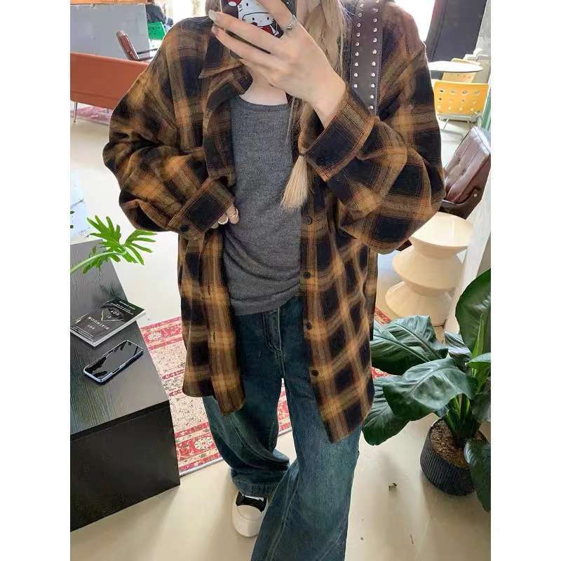 eybag barn jacket outfits Retro Plaid Coat Loose All-Match Shirt Net Red Style Men and Women Couple Hong Kong Style Long Sleeve Shirt Year