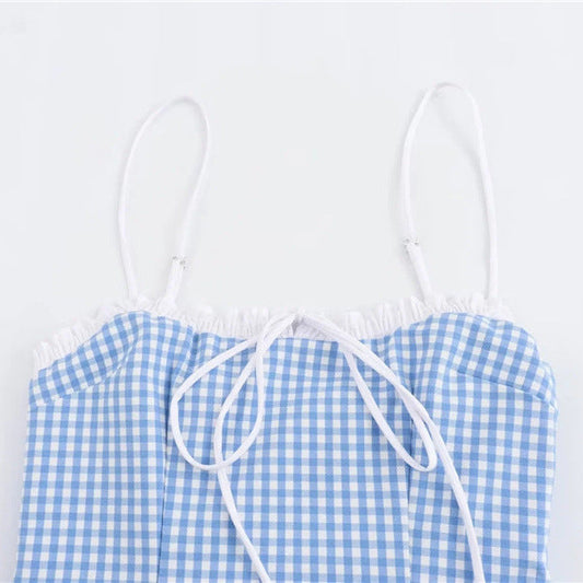 eybag business casual outfits American-Style Retro Color Matching Wooden Ear Bow Lace-up Plaid Strap Top Summer Slim Fit Short