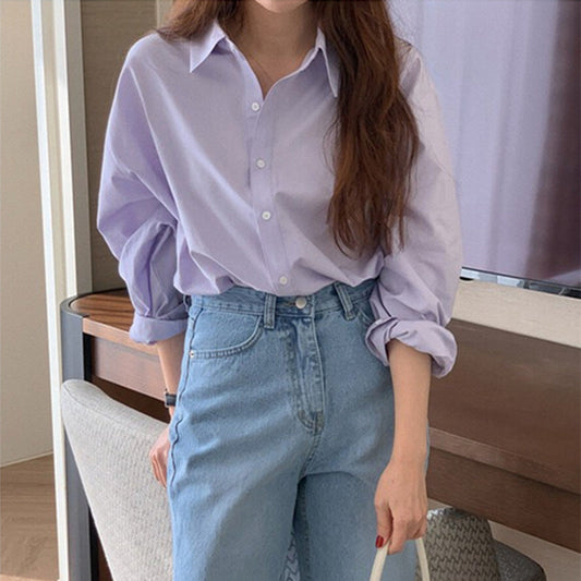 eybag business casual outfits Purple French Style Shirt Women's Spring and Autumn 2024 New Casual Korean Style Shirt Niche Slim-Fit Long-Sleeved Top