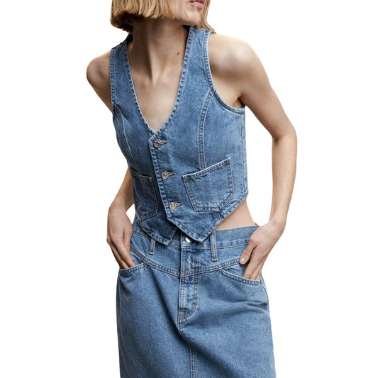 eybag barn jacket outfits American Retro Hot Girl V-neck Breasted Denim Sleeveless Vest Slim-Fit Pocket Short Vest