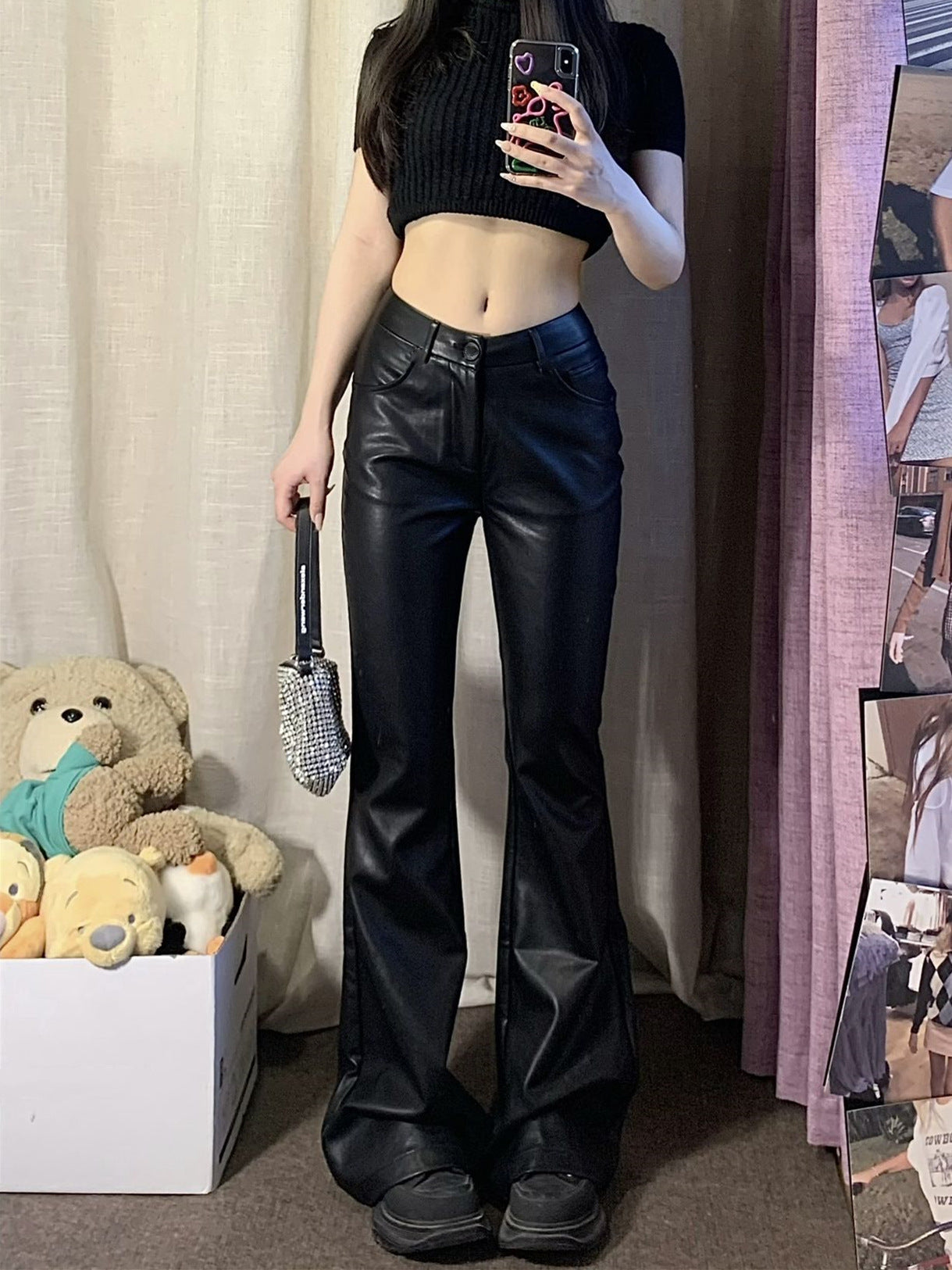 eybag going out outfits Black Micro Flared Leather Pants for Women plus Size Chubby Girl Autumn High Waist PU Leather American Hot Girl Tall Straight Mop Pants