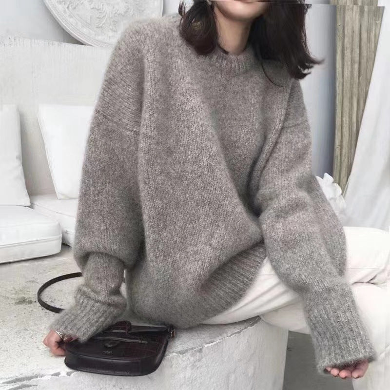 eybag datenight fall outfits Korean Style Large Lazy Style round Neck Pullover Women's Autumn and Winter Solid Color Loose Bottoming Sweater Women